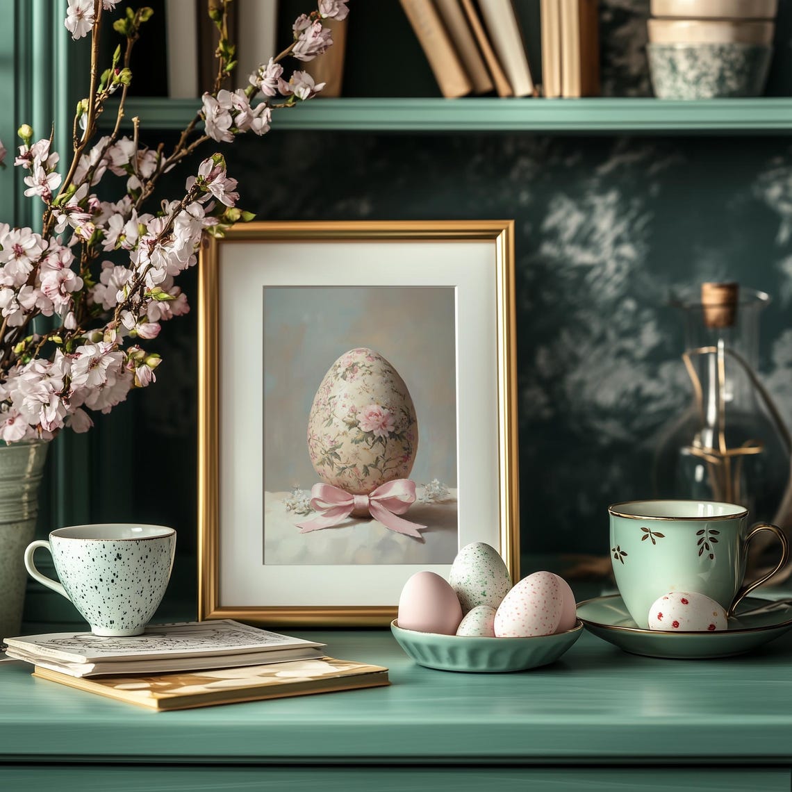 Pink Floral Easter Egg with Satin Bow in Ornate Gold Frame Art Poster - Image 5