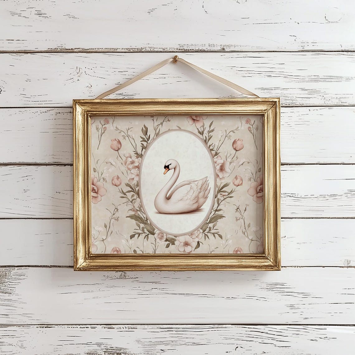 Graceful White Swan Oval Medallion Blush Floral Pattern Wall Print - Image 3