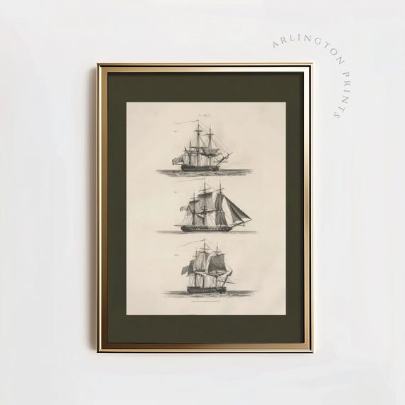 Sailing Ships Art Rustic Seascape Painting Nautical Decor Neutral Old Ship Print Minimalist Sketch Seafaring Ship 8010
