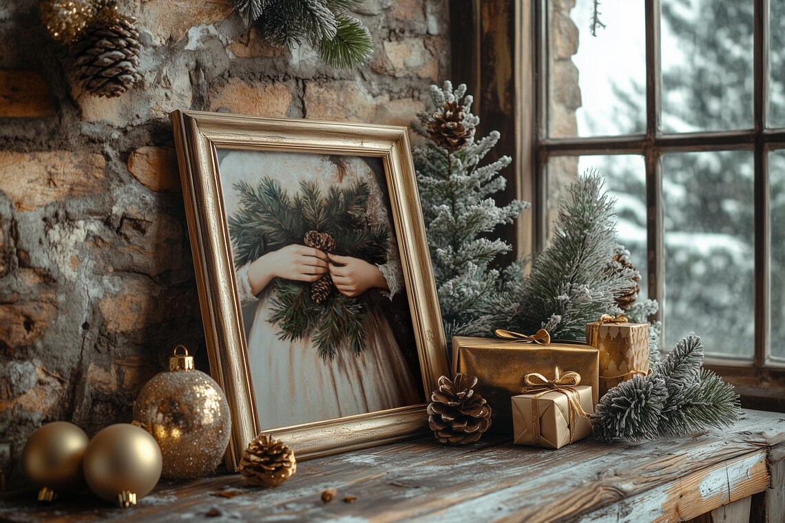 Hands Holding Pinecones Evergreen Vintage Christmas Wall Print - Image 4