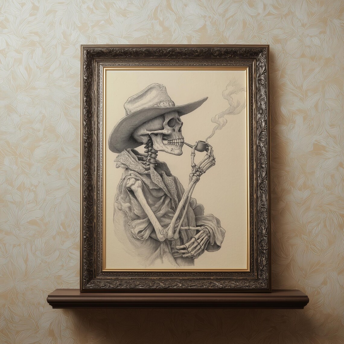 Gothic Cowboy Skeleton Print, Rustic Western Halloween