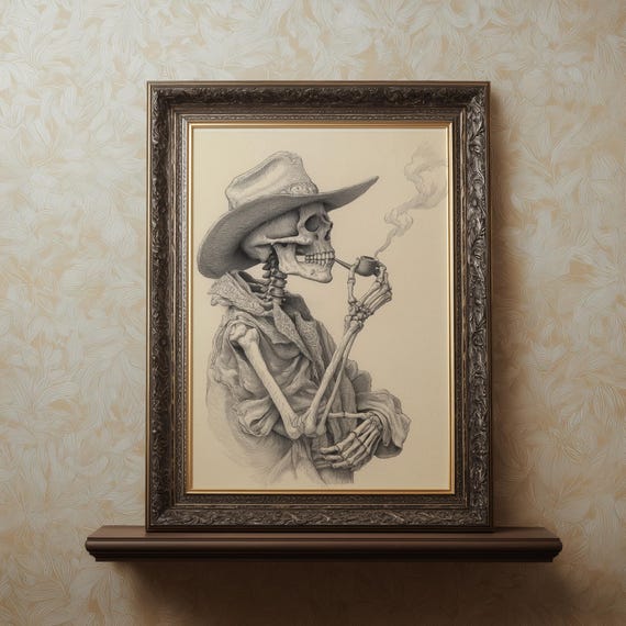 Gothic Cowboy Skeleton Print, Rustic Western Halloween