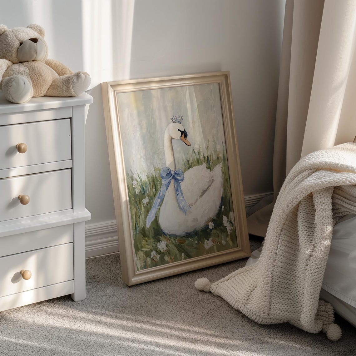 Elegant Swan Princess Wearing Crown Blue Bow Meadow Art Poster - Image 4