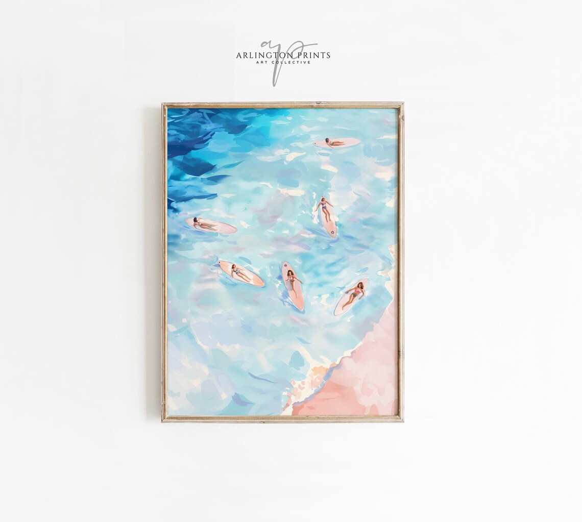 Surfers on Pink Surfboards Aerial Ocean Turquoise Water Poster