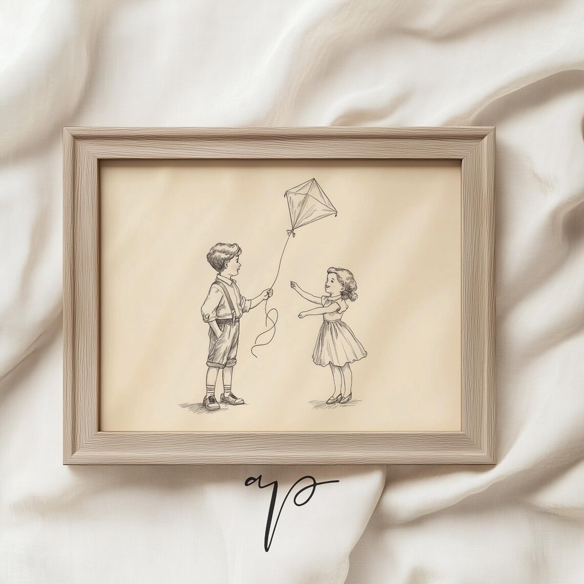 Vintage Children Flying Kite Classic Line Sketch Nursery Poster - Image 4