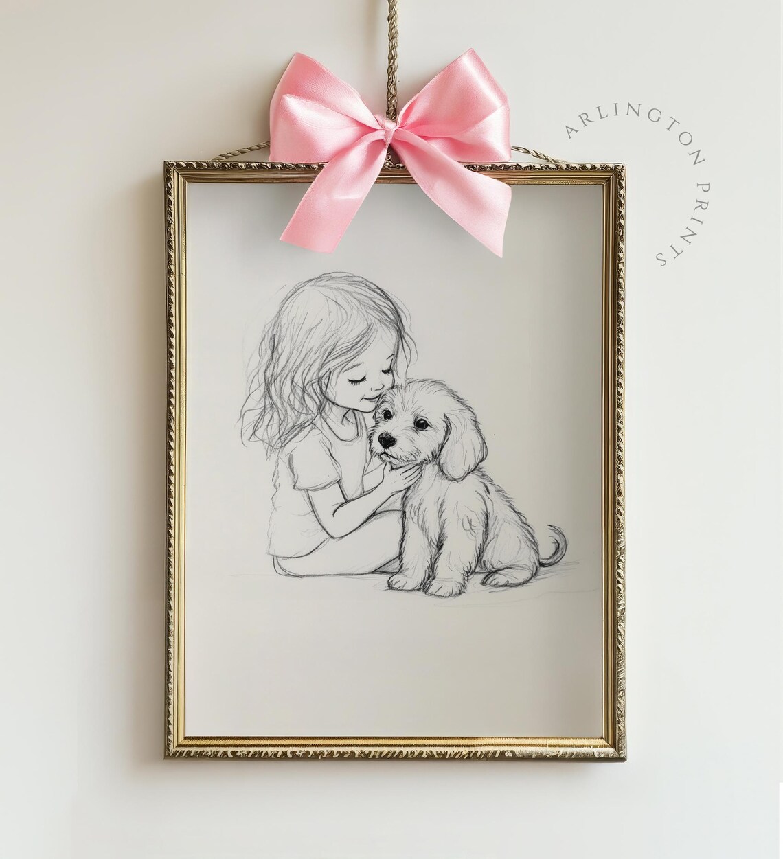 Pencil Sketch of a Little Girl Hugging a Fluffy Puppy Nursery Poster - Image 4