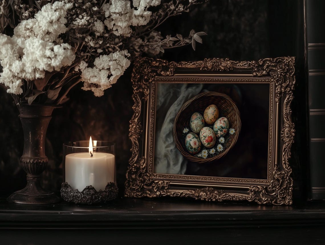 Floral Easter Eggs Basket Daisies Dark Moody Spring Art Print - Image 3