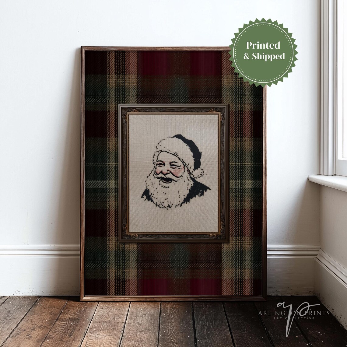 Vintage Santa Claus Portrait Plaid Christmas Holiday Art Poster