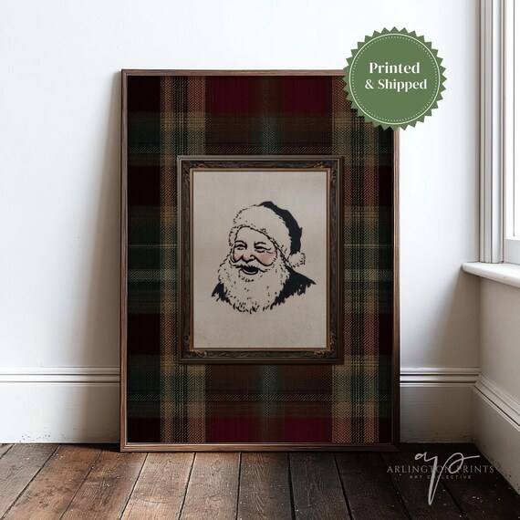 Vintage Santa Claus Portrait Plaid Christmas Holiday Art Poster