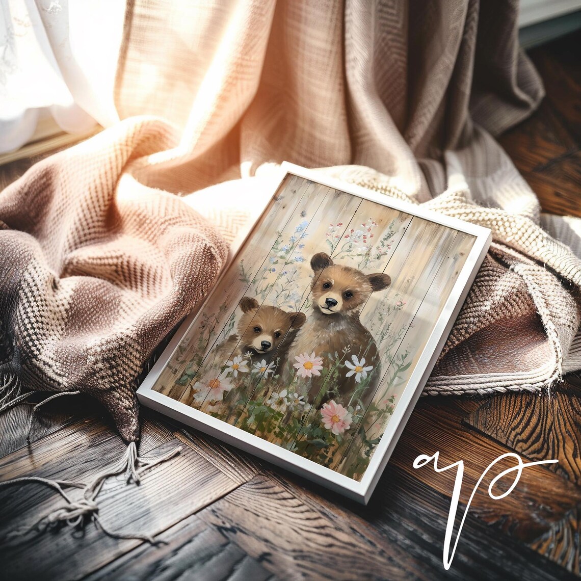 Two Bear Cubs Wildflowers Wood Plank Rustic Nursery Painting Poster - Image 2