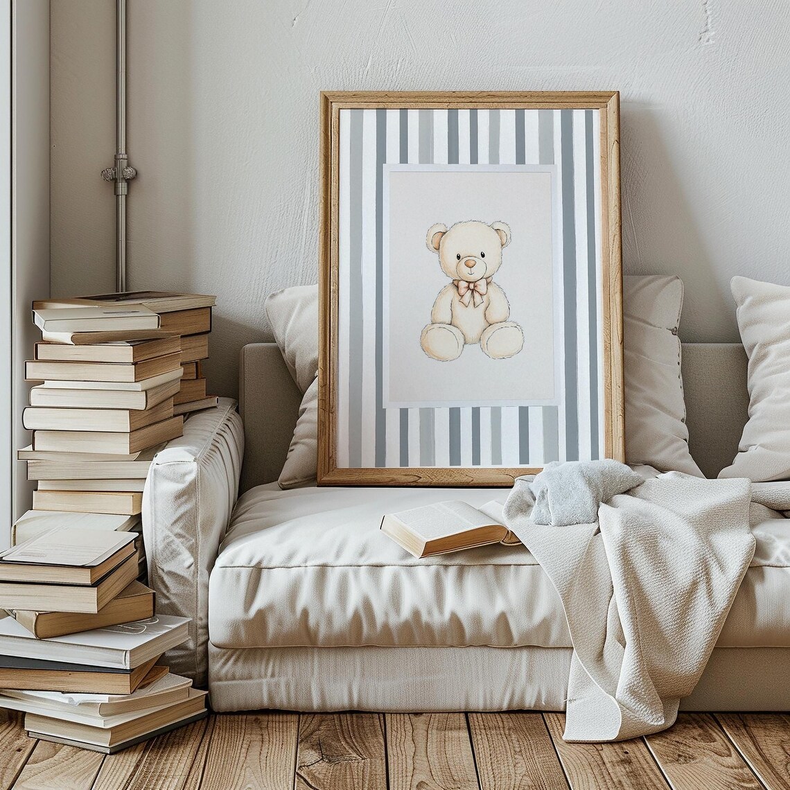 Vintage Teddy Bear Gray Striped Nursery Baby Room Decor Poster - Image 2