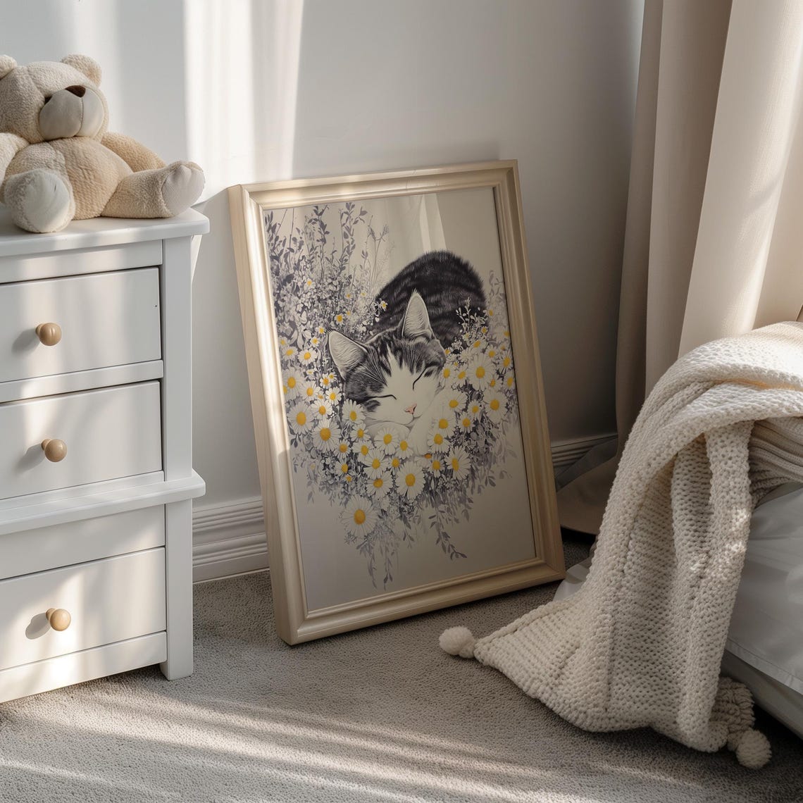 Cute Cat Sleeping In Daisies Print Asian Kitty Art Botanical Spring Decor Country Cottage Spring Flower Decor Daisy Cat Print - Image 3