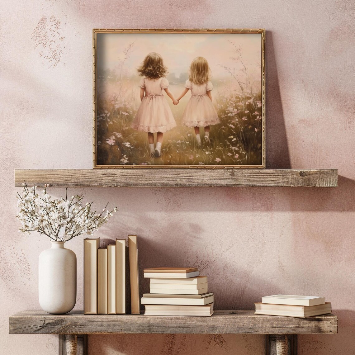 Cute Girls in Wildflower Field, Farmhouse Art Print - Image 2