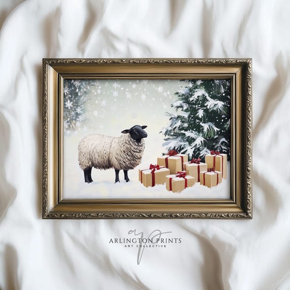 Sheep Christmas Tree Print Xmas Decor Cute Lamb Art Farm Animal Nursery Nostalgic Snowy Holiday Dcor W55