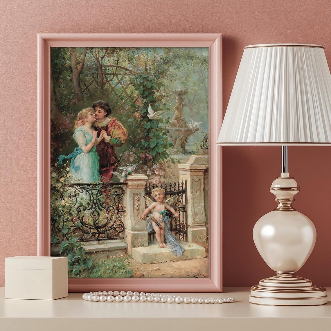 Romantic Garden Lovers Kiss Cherub Vintage Classic Oil Painting Poster - Image 4