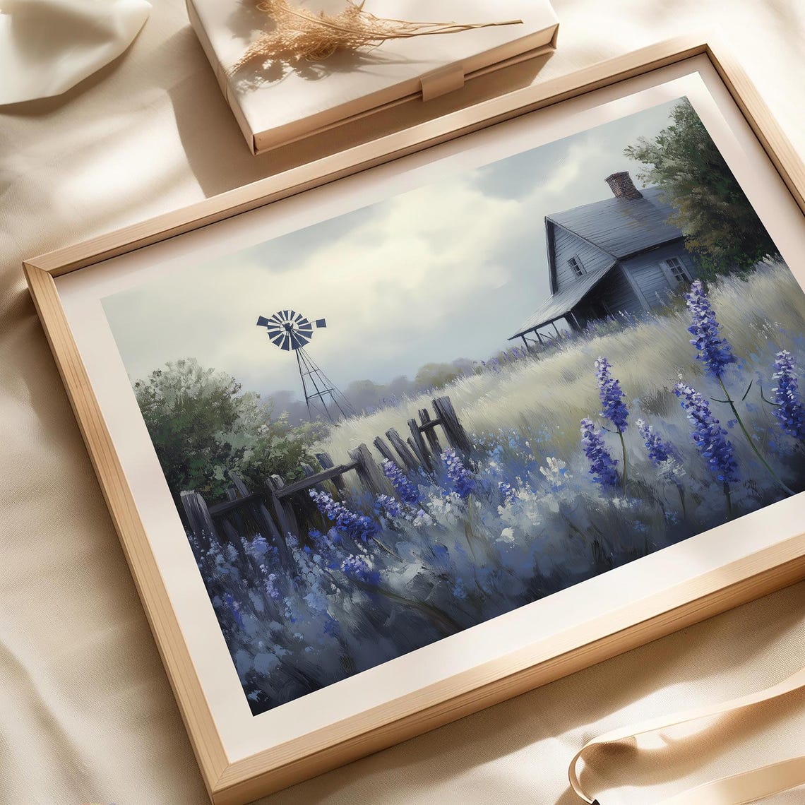 Farmhouse Windmill Lupine Wildflower Field Spring Landscape Art Poster - Image 2