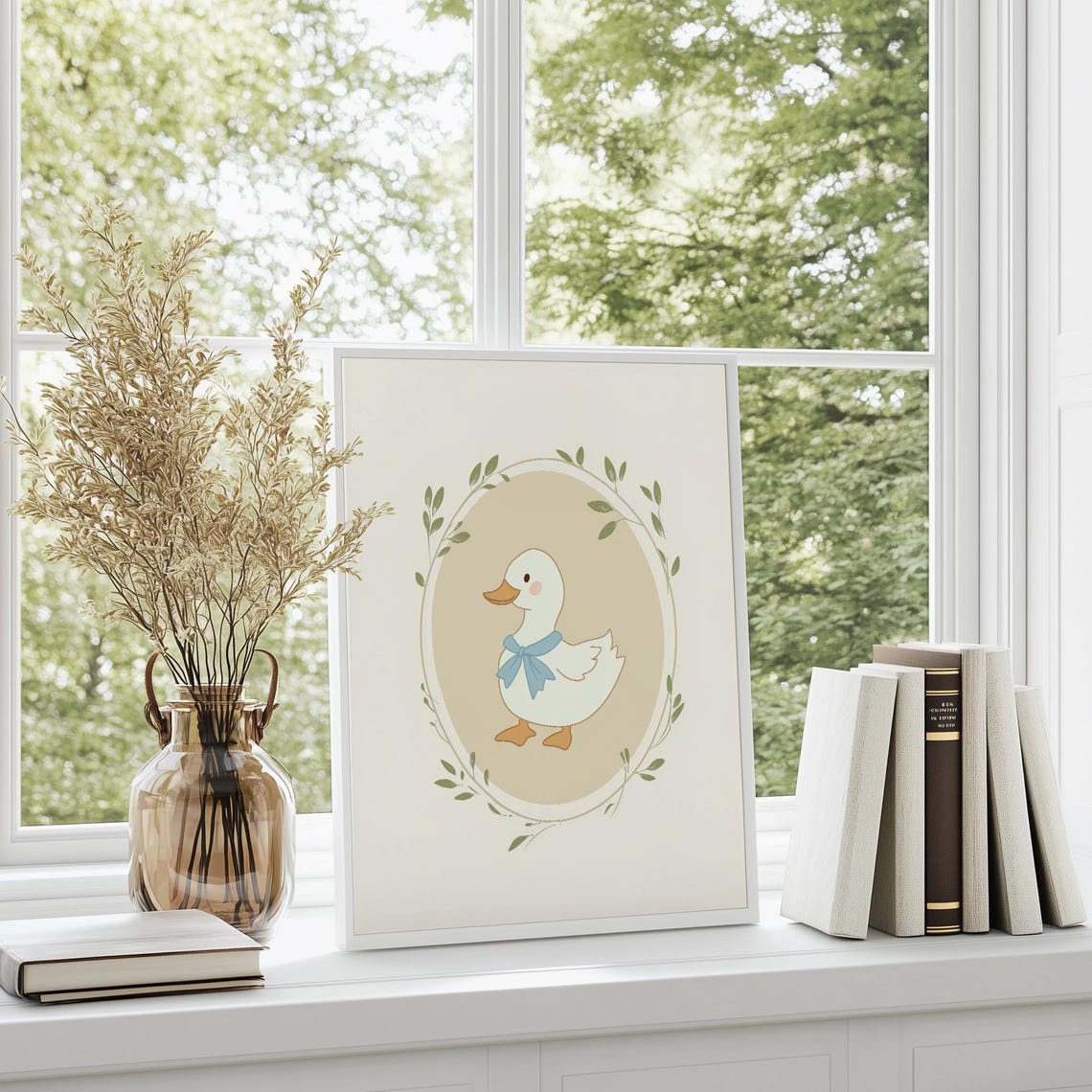 Sweet Baby Duck With Blue Bow Leafy Oval Vintage Nursery Poster - Image 5