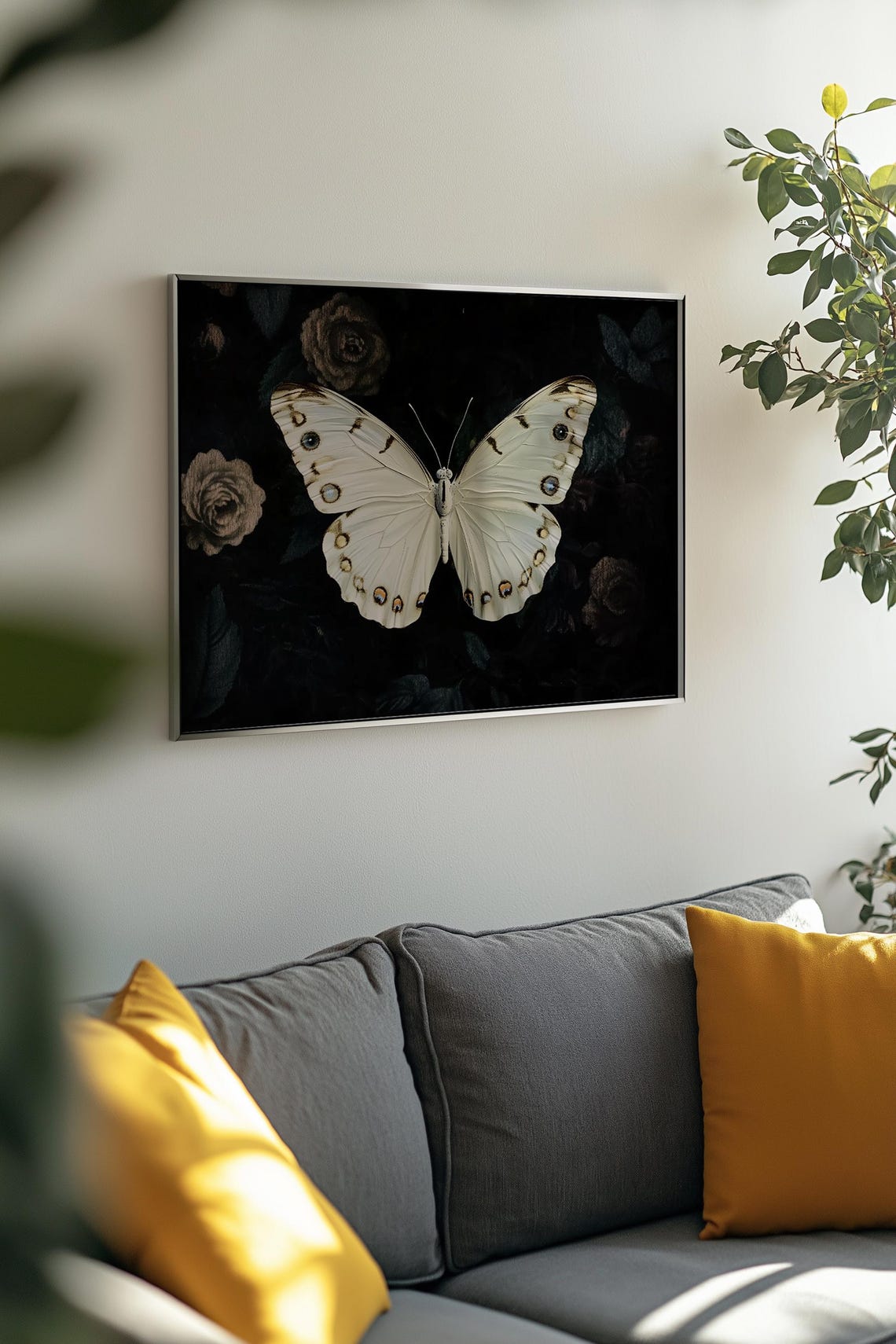 White Butterfly on Dark Florals Moody Botanical Insect Art Poster - Image 3