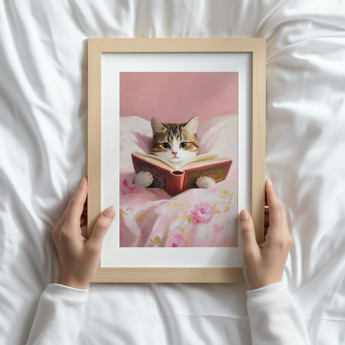 Kitten Reading A Book In Pink Floral Bed Funny Cat Lover Poster - Image 4