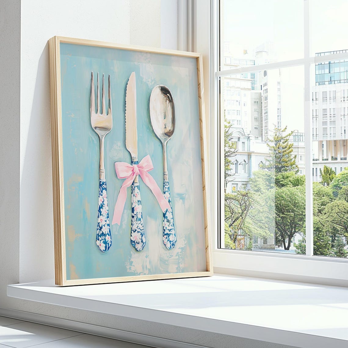 Vintage Cutlery Blue Floral Handles Pink Bow Kitchen Art Print - Image 3