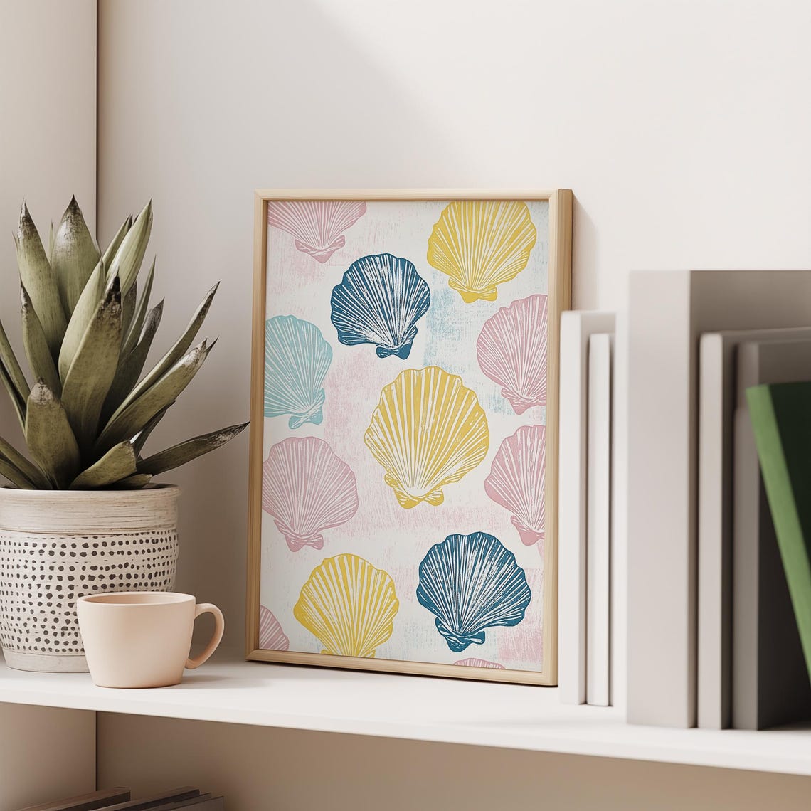 Scallop Shells Linocut Pattern Colorful Coastal Retro Beach Poster - Image 4