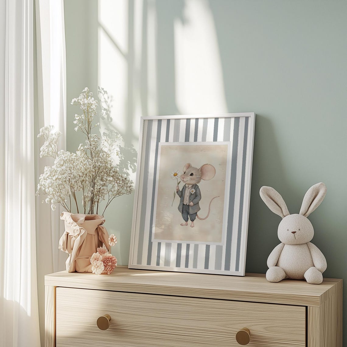 Dapper Gentleman Mouse In Gray Suit Holding Daisies Nursery Poster - Image 4