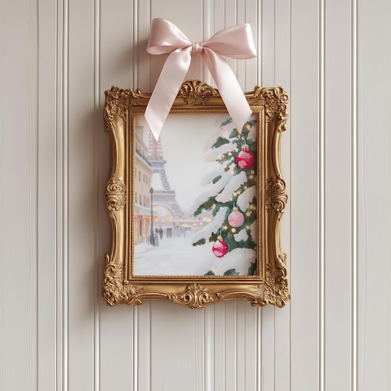 Snowy Paris Christmas Eiffel Tower Pink Ornament Tree Street Poster