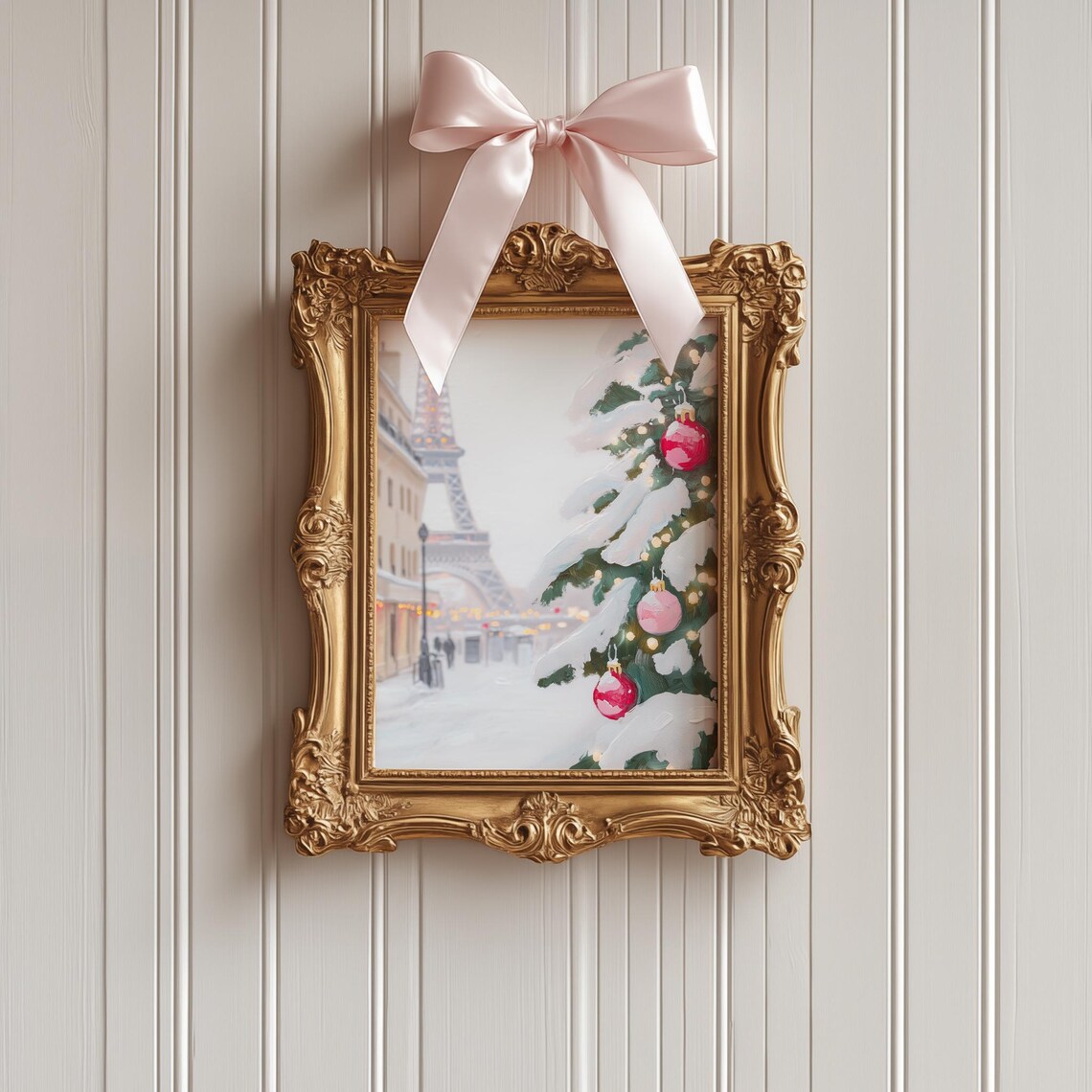 Snowy Paris Christmas Eiffel Tower Pink Ornament Tree Street Poster