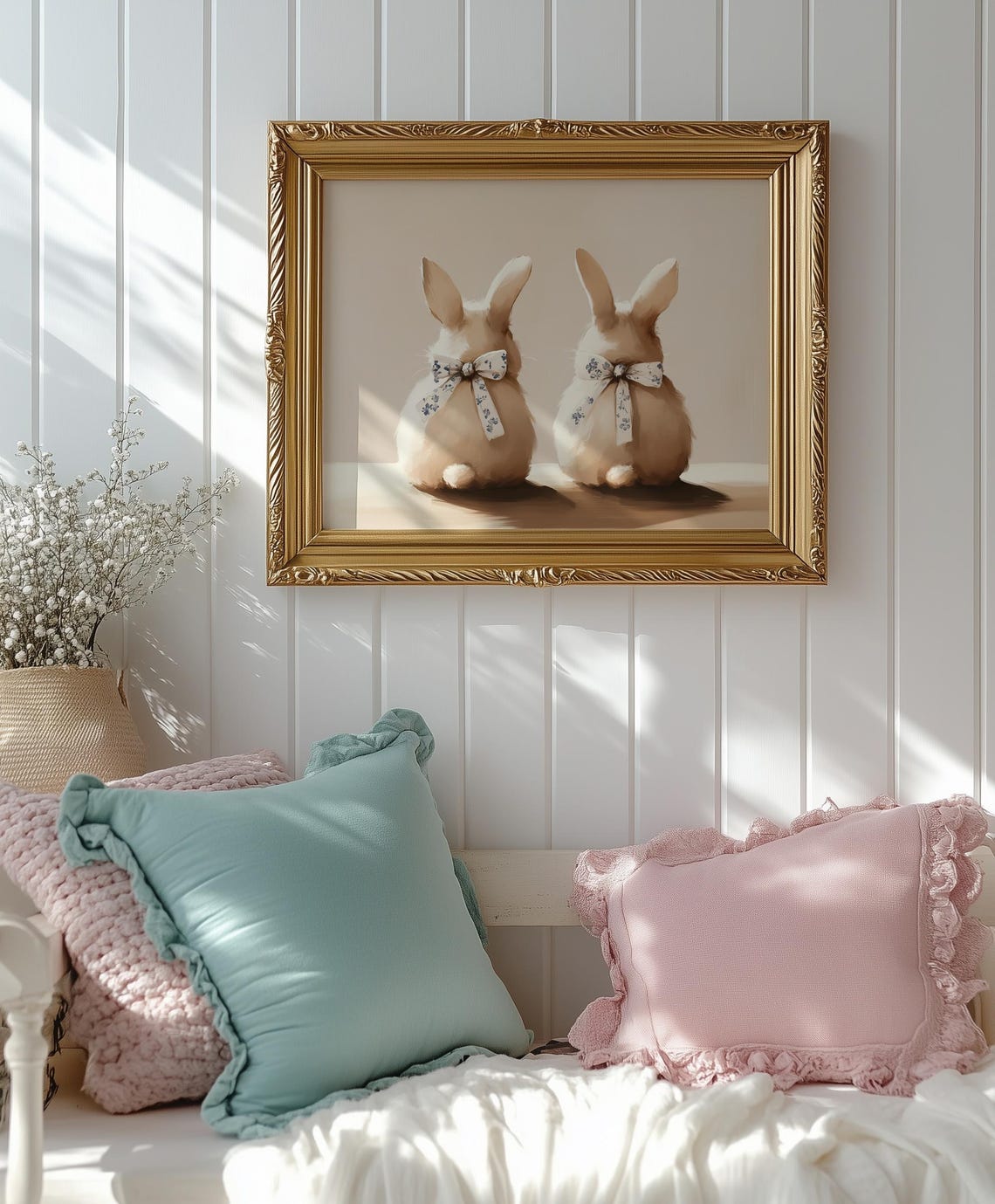 Cute Little Bunnies Print Rabbit Nursery Wall Art Neutral Spring Decor Girly Easter Art Cute Cottagecore Bunny Butts Painting - Image 2