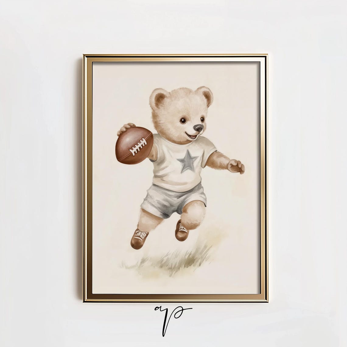 Teddy Bear Cub Running Football Star Jersey Nursery Art Poster
