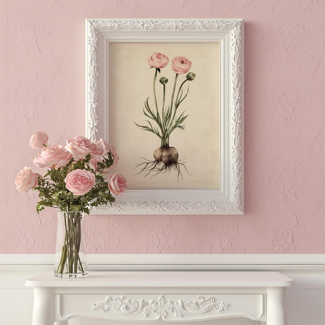 Pink Ranunculus Botanical Illustration Vintage Flower Bulb Wall Art - Image 3