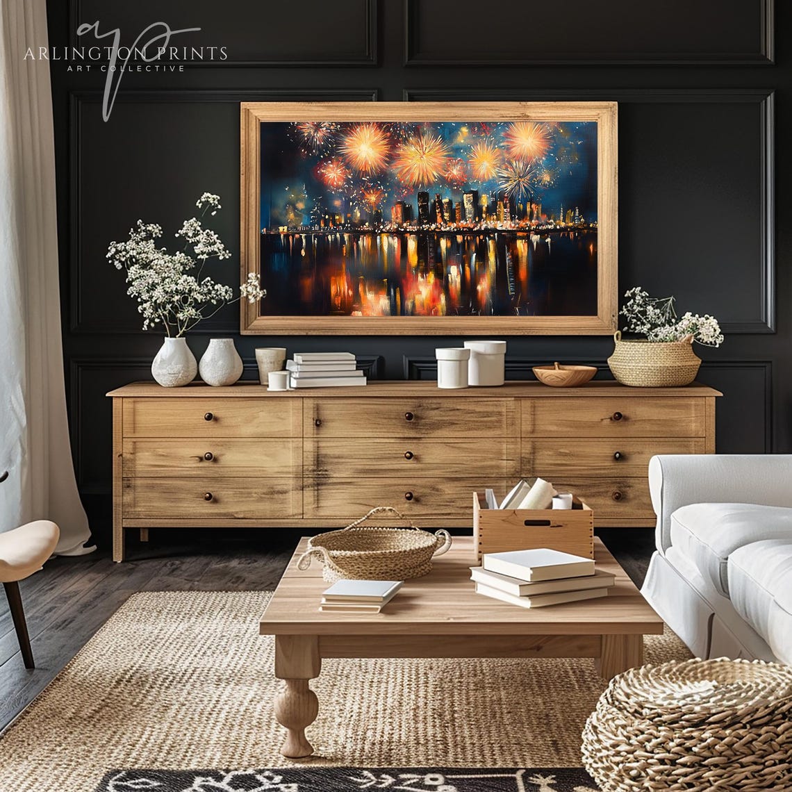 City Fireworks Night Skyline Water Reflection Celebration Poster - Image 3