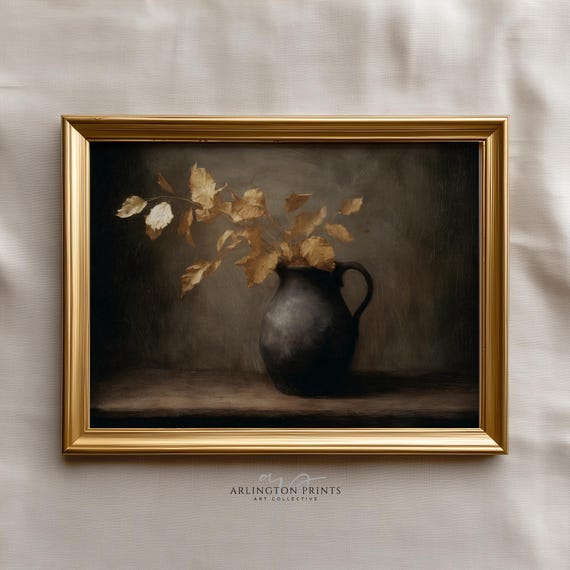 Vintage Still Life Print Golden Leaves In Black Vase Rustic Autumn Wall Art 8294