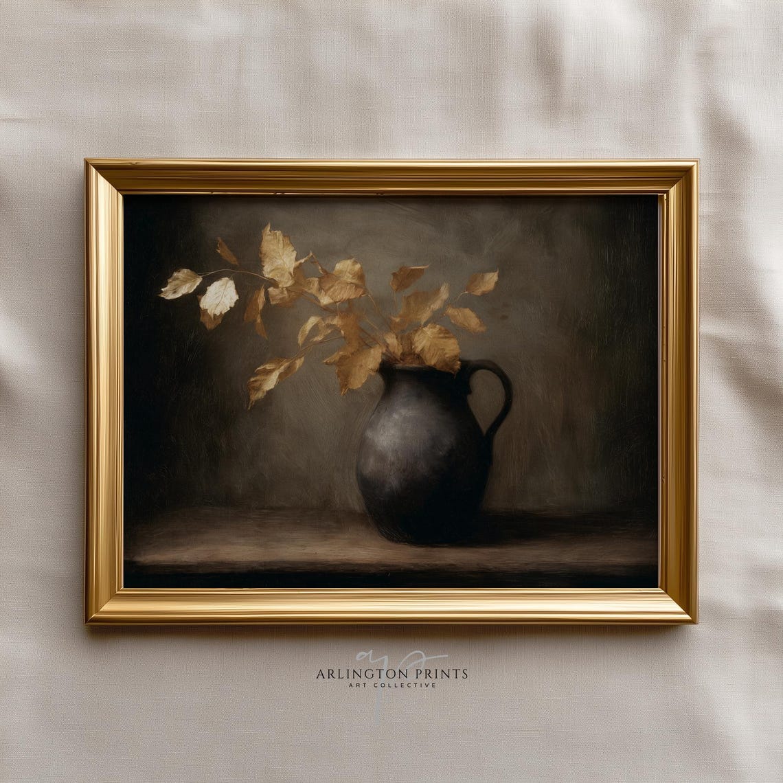 Vintage Still Life Print Golden Leaves In Black Vase Rustic Autumn Wall Art 8294