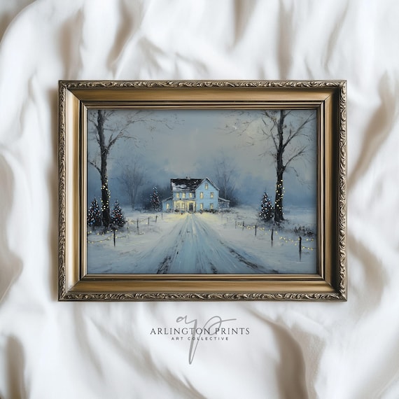 Vintage Snowy Farmhouse Christmas Scene Rustic Holiday Poster