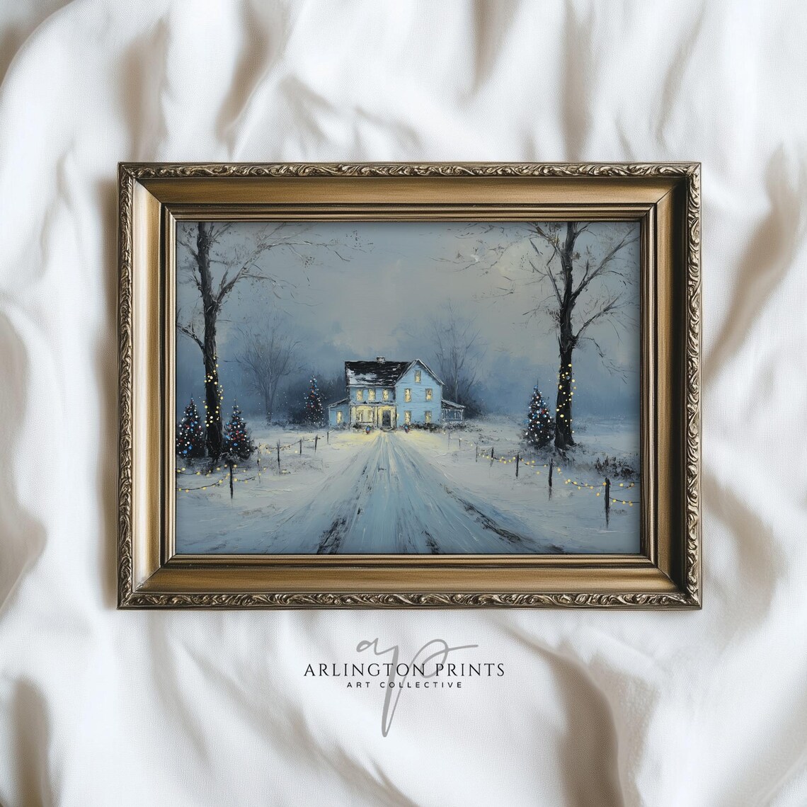Vintage Snowy Farmhouse Christmas Scene Rustic Holiday Poster