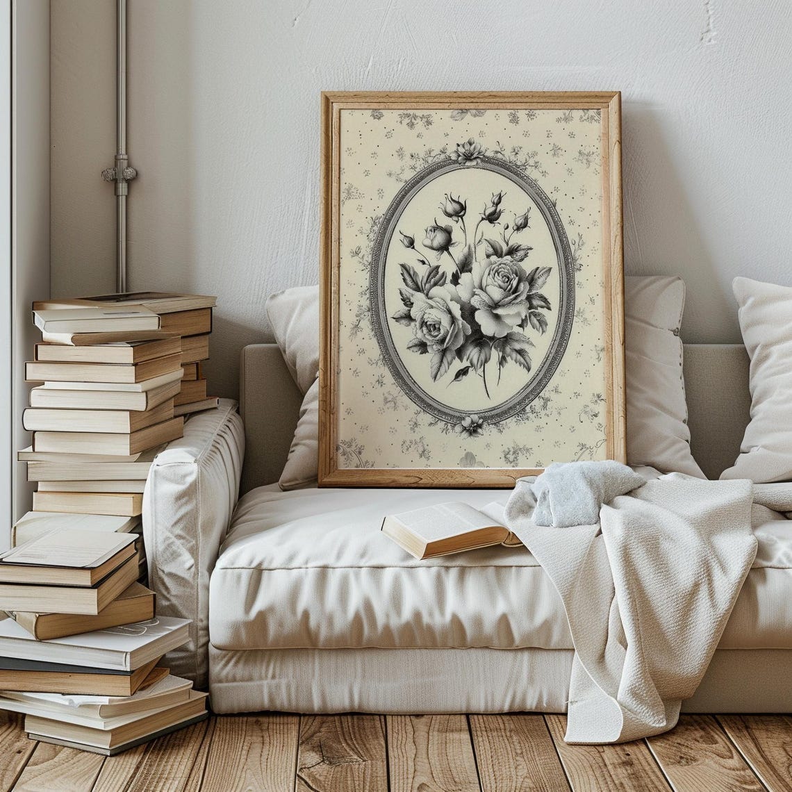 Black And White Rose Bouquet Engraving Vintage Cameo Art Poster - Image 3