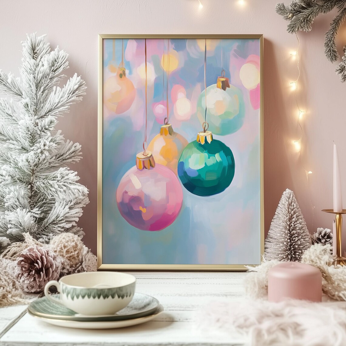 Pastel Christmas Ornaments, Preppy Winter Art Print - Image 2