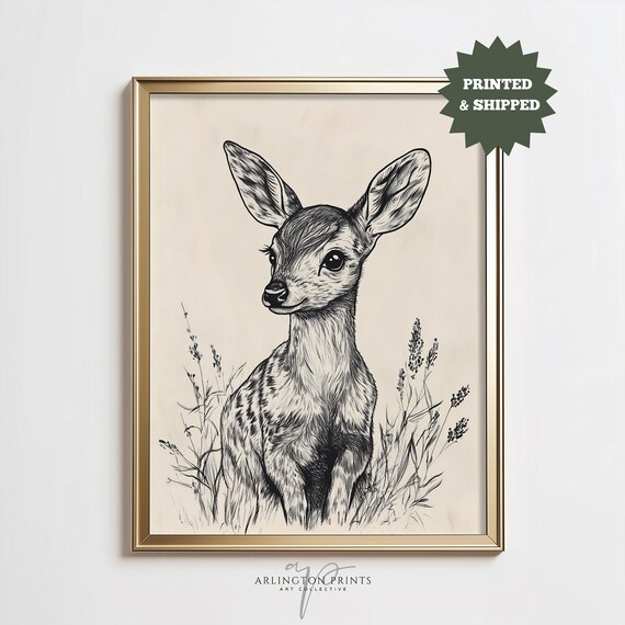 Woodland Fawn Portrait Ink Sketch Rustic Deer Nursery Animal Print