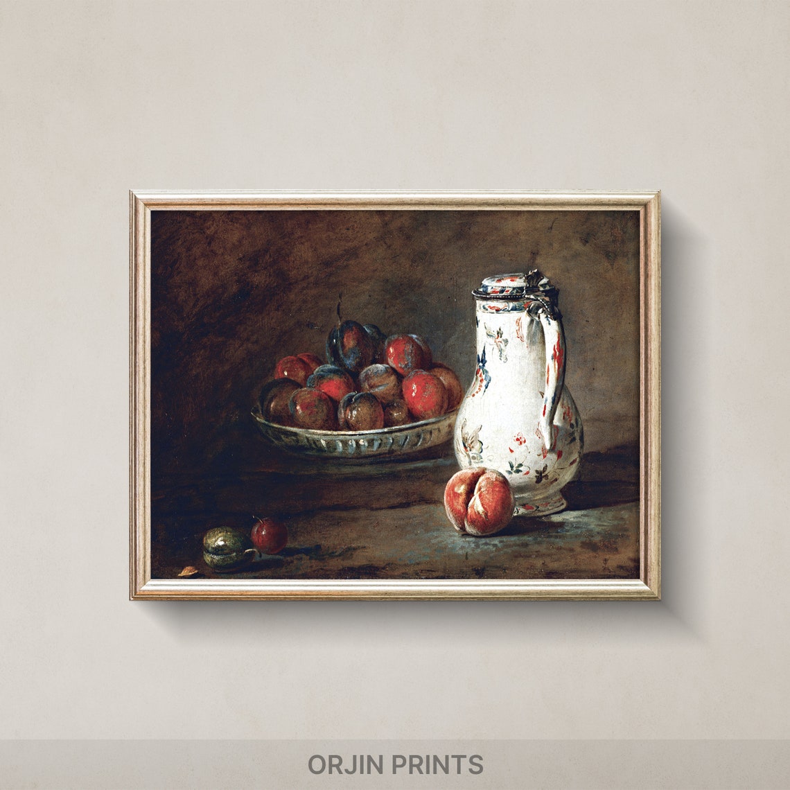 Plums Bowl Porcelain Pitcher Old Master Still Life Vintage Art Poster