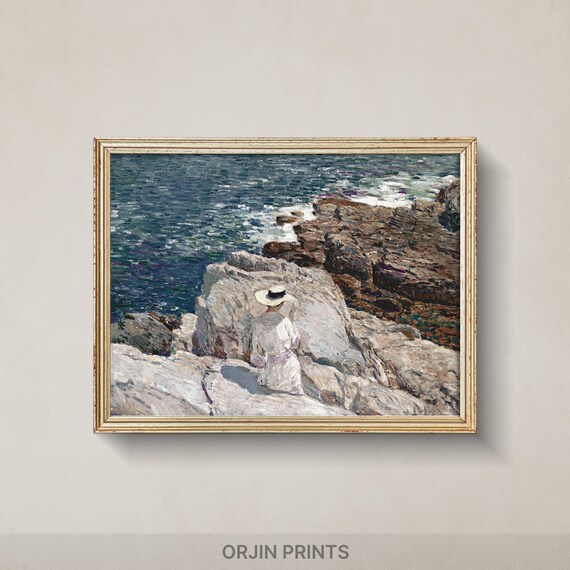 Woman in White Dress Sunlit Coastal Rocks Sea Gaze Art Poster