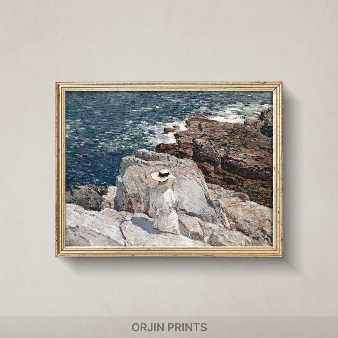 Woman in White Dress Sunlit Coastal Rocks Sea Gaze Art Poster