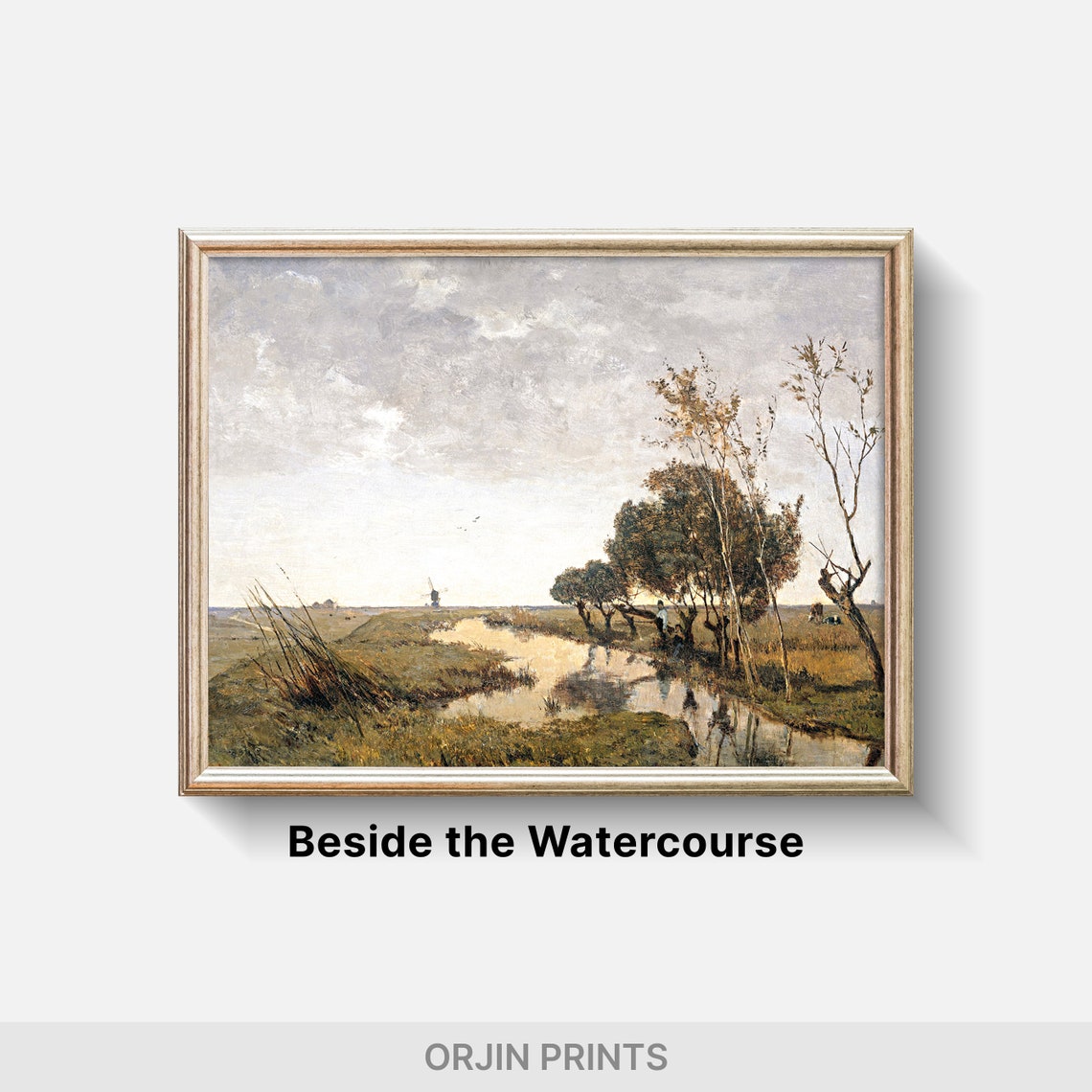 Rural Stream Landscape Trees Windmill Vintage Painting Style Poster - Image 2