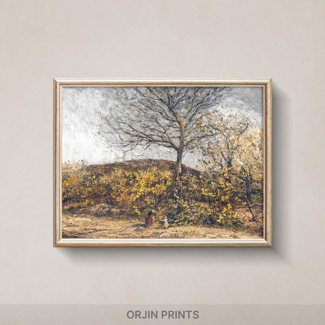 Golden Autumn Grove with Figures Vintage Harvest Landscape Painting Poster