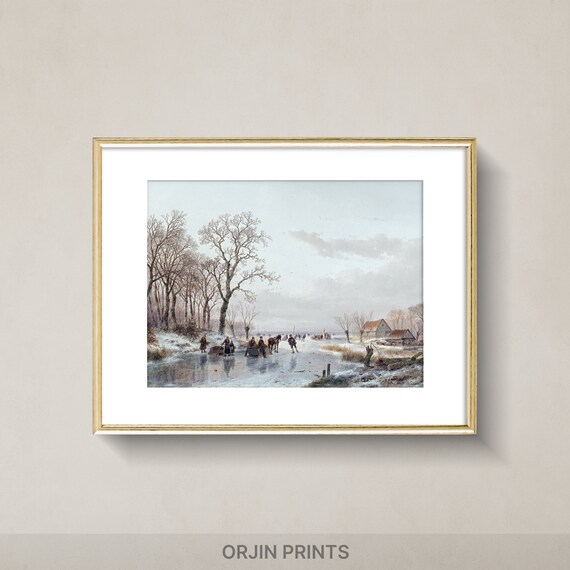 Frozen Canal Ice Skaters Horse Drawn Sled Vintage Art Poster