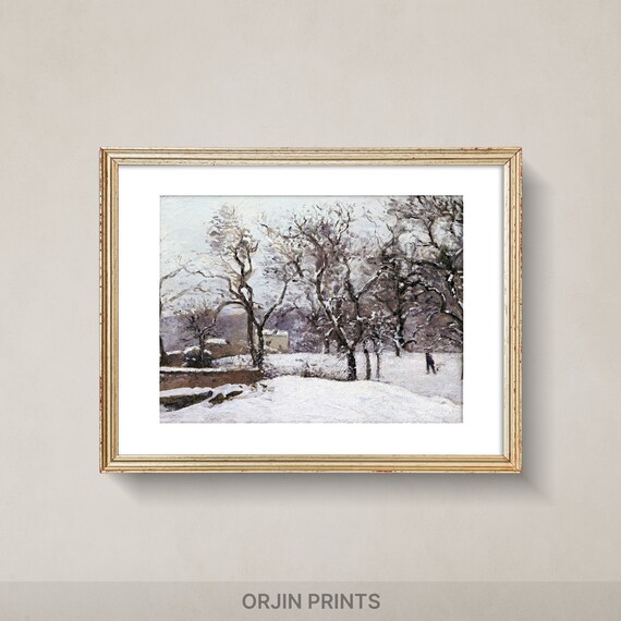 Snowy Orchard with Distant Village Vintage Impressionist Winter Painting Poster