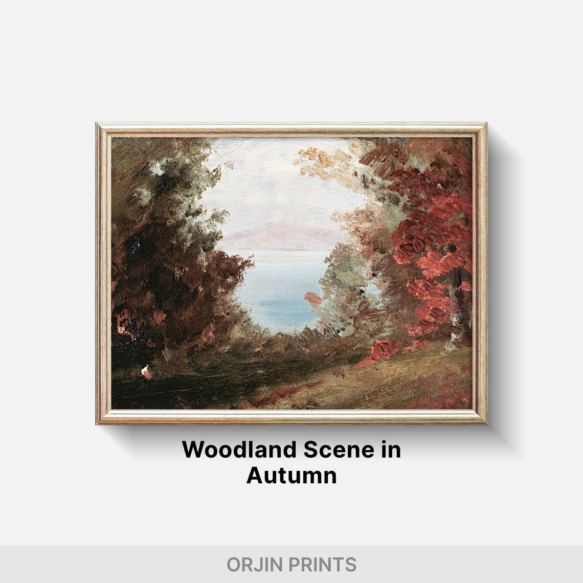 Autumn Woodland Red Foliage Lake View Vintage Painting Style Print - Image 2