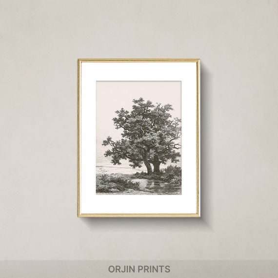 Serene Lake View Art Print Vintage Oak Trees Wall Decor Peaceful Nature Scene Tranquil Home Decor Orjin Prints 380