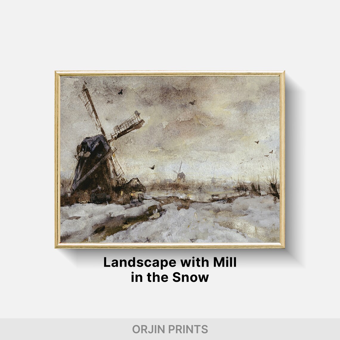 Windmill in Winter Watercolor Snowy Landscape Dutch Mill Poster - Image 2