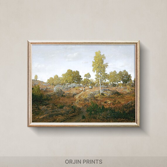 Autumn Hillside Birch Trees Rocky Meadow Vintage Landscape Poster